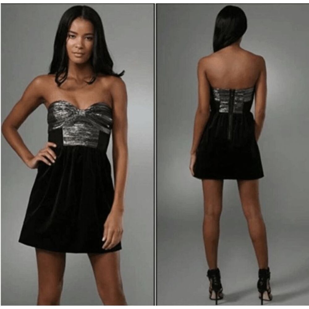Tibi‎ Lurex Strapless Sweetheart Cocktail Mini Dress Velvet Skirt Black Size 2